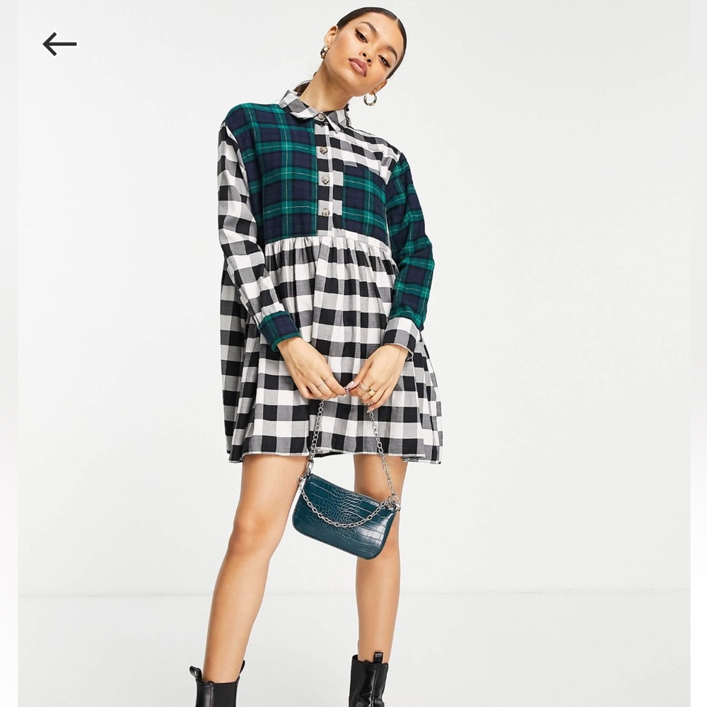 Topshop mix check smock shirt dress in Multi